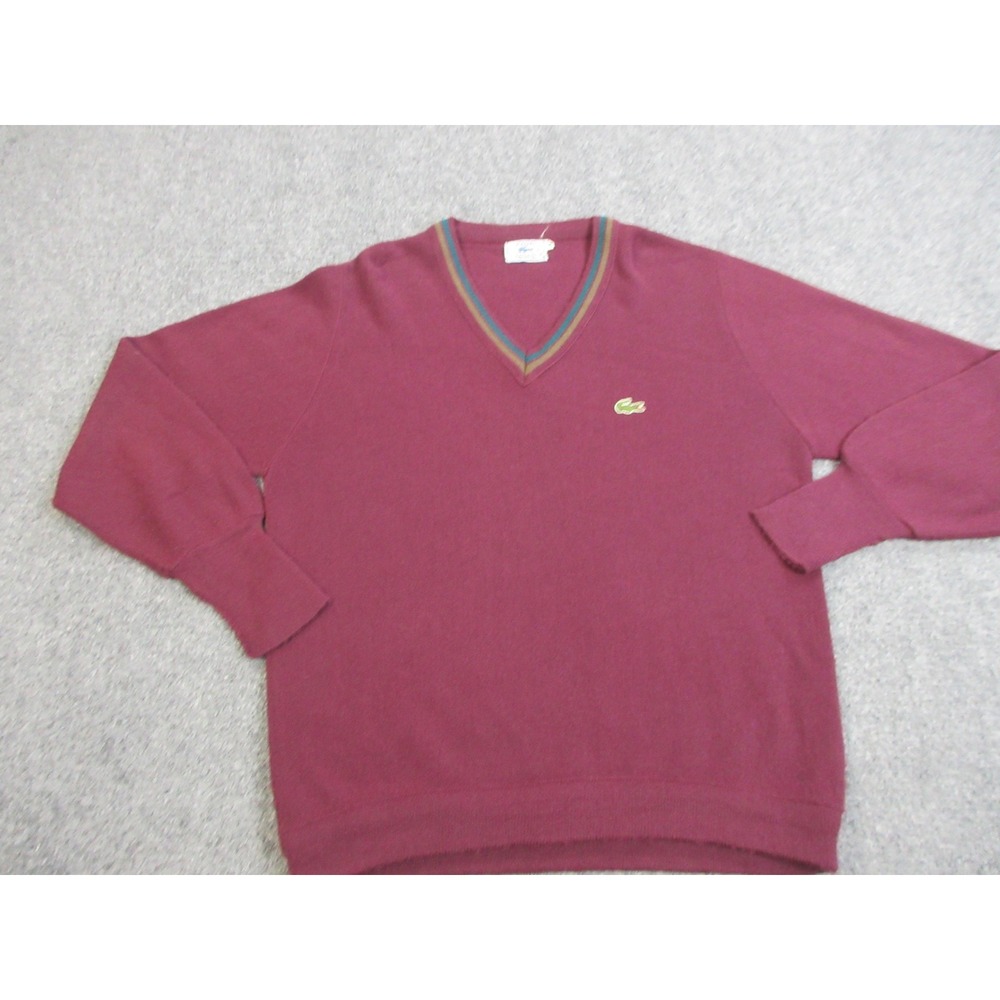 Vintage‎ Izod Lacoste Sweater Mens 42 Burgundy V Neck Stripe Collar Knit 80s